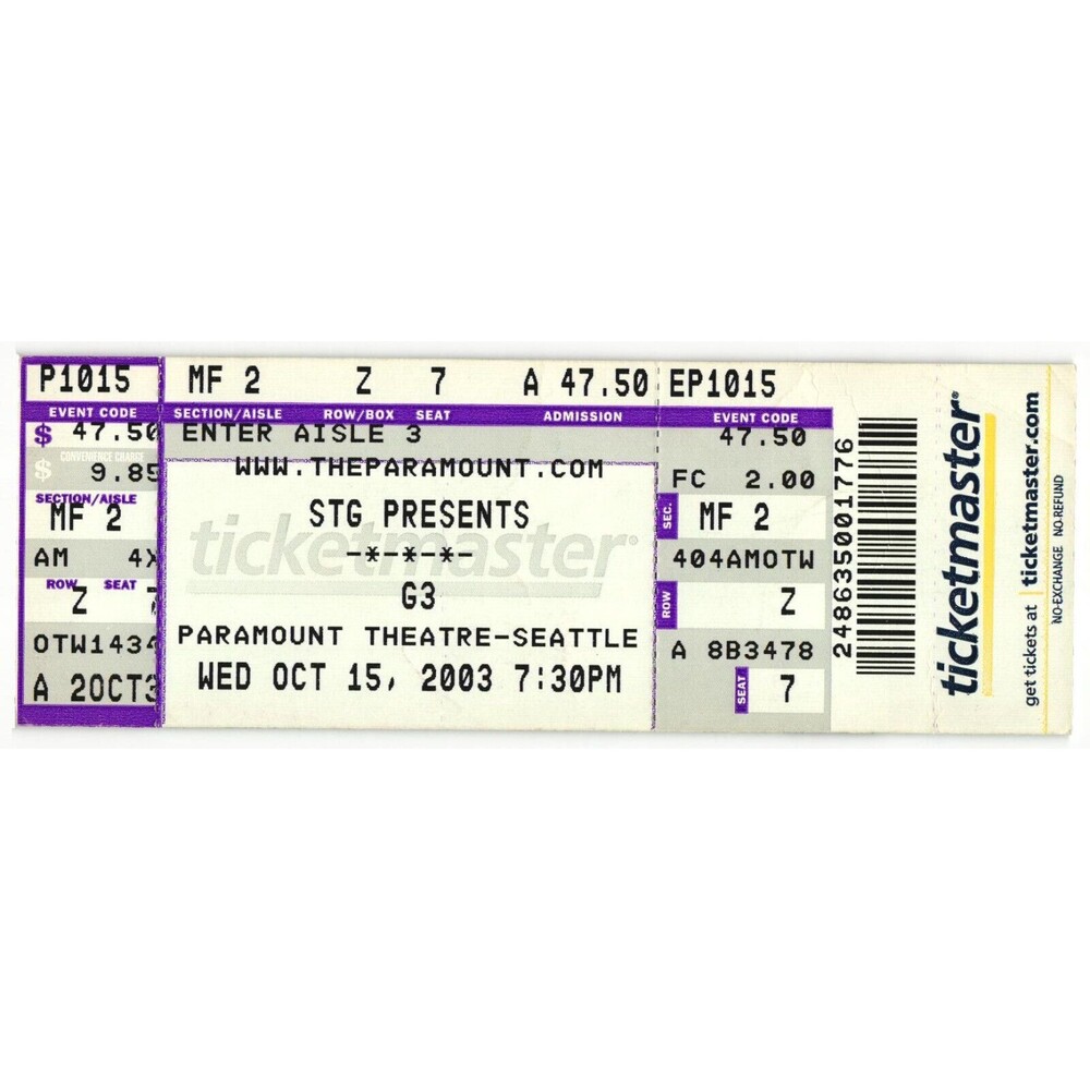 2003 G3 Steve Vai Yngwie Malmsteen Joe Satriani Concert Ticket Stub Seattle WA